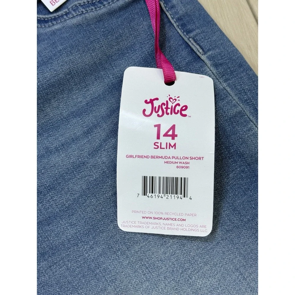 NWT‎ Size 14 Justice Girls Denim Bermuda Shorts Slim Pull On Stretch Medium Wash
